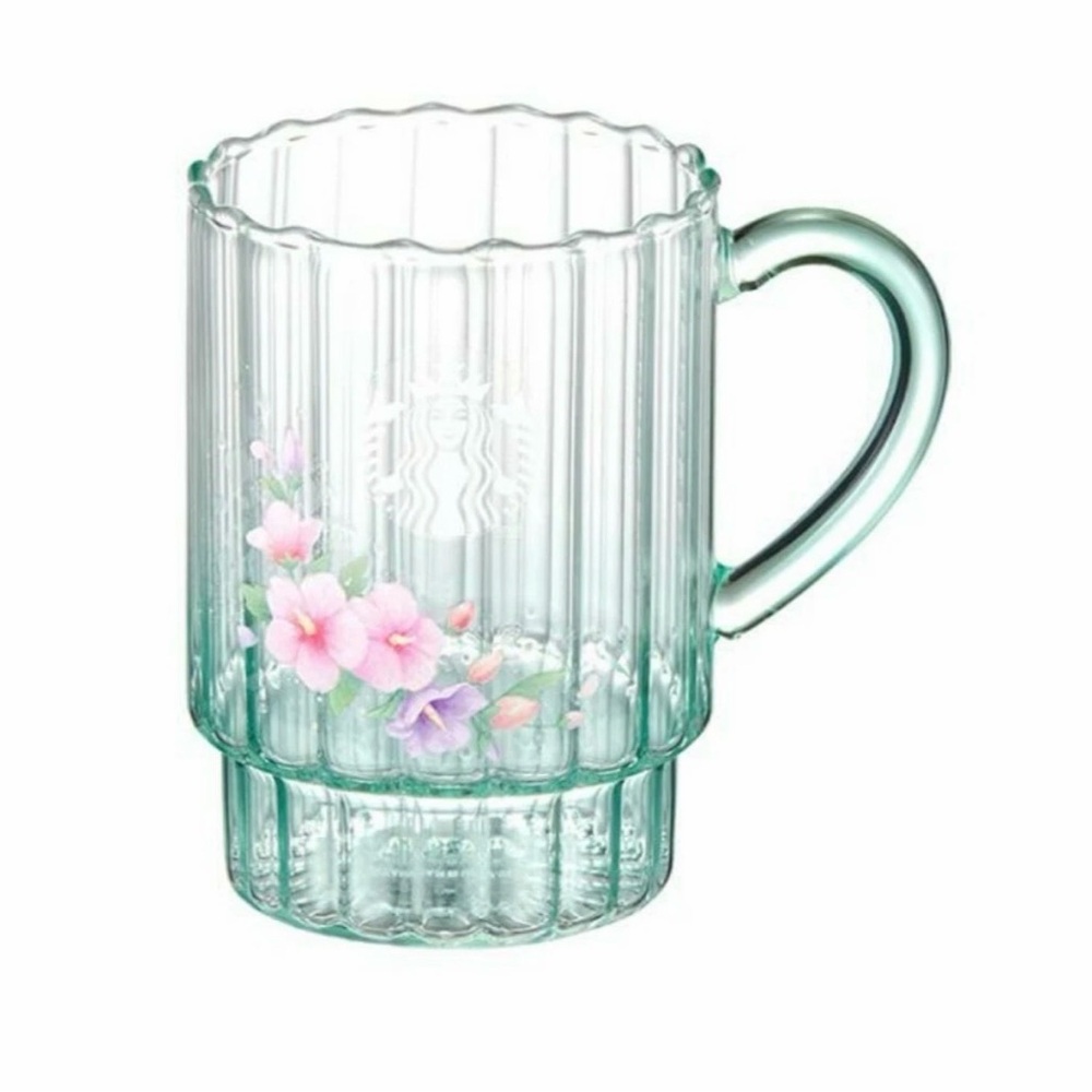 New Starbucks Korea Hibiscus Flower Mint Green Glass Coffee Mug Rose Of Sharon